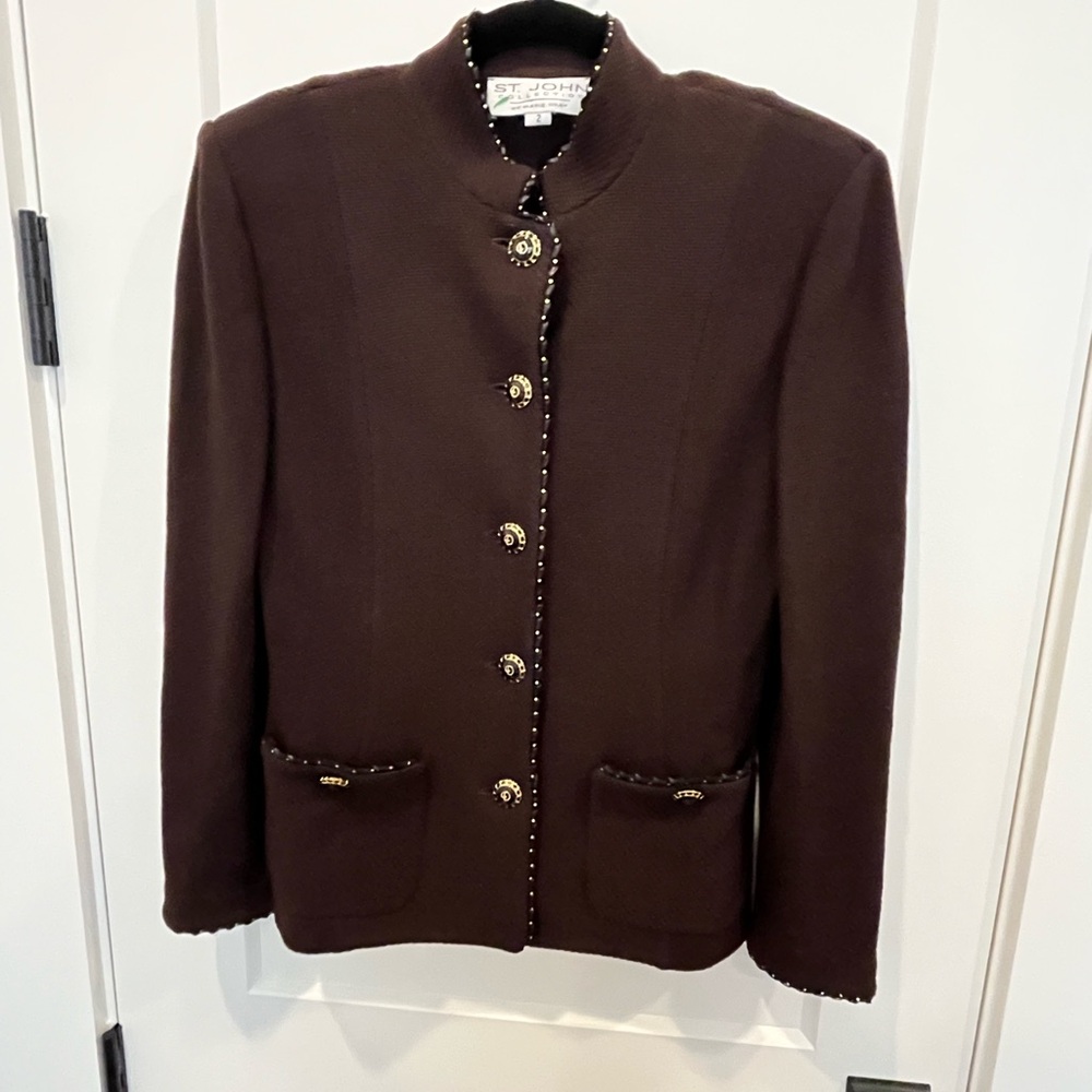 St John Collection Marie Gray Brown Suit Evening Jacket Gold Buttons Size 2